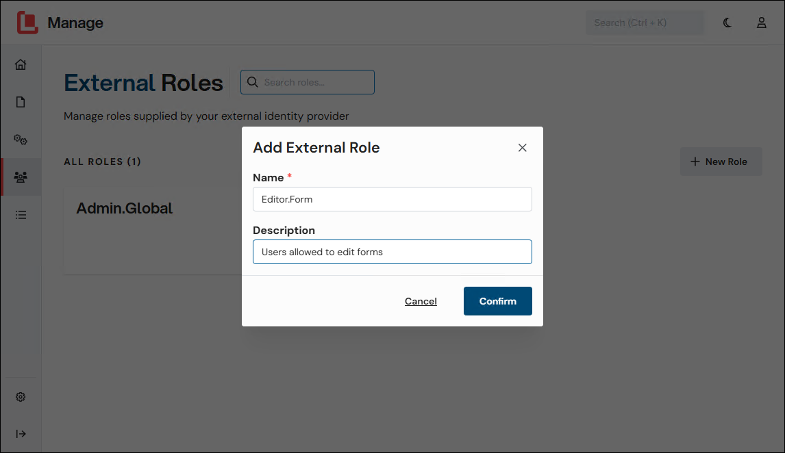 The Add External Role window with a Name and Description entered into it.